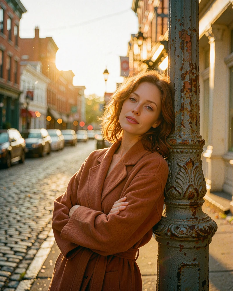 Auburn-haired woman in a rust wrap coat leaning against a cast-iron column on a cobbled downtown street, demo New York member profile photo