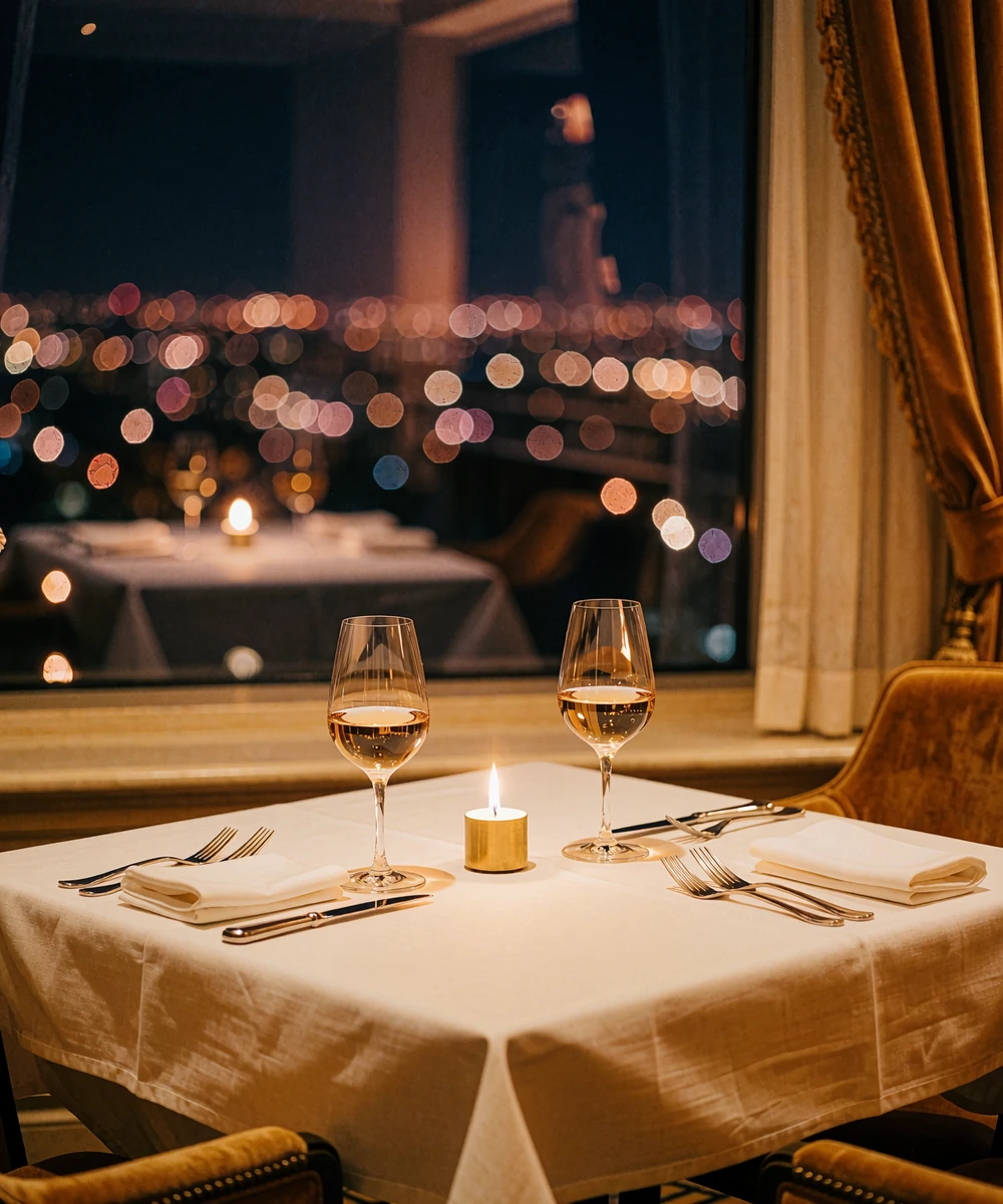 Candlelit table for two set with white linen and wine glasses beside a tall window overlooking blurred Las Vegas night lights