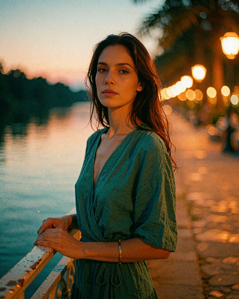 Dark-haired woman in a deep teal wrap dress standing at a riverside railing in the evening, demo member profile photo