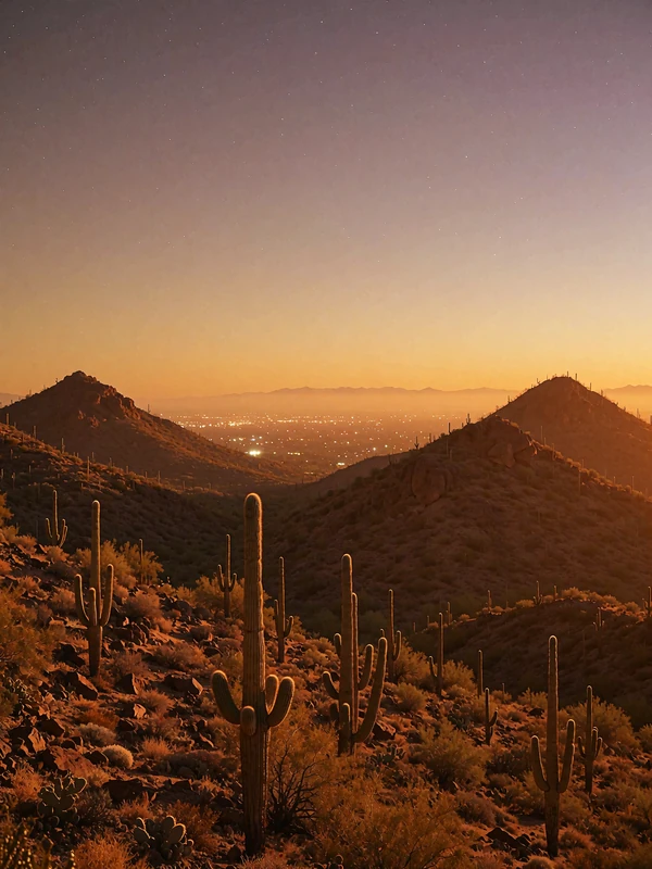 Phoenix desert valley at dusk with saguaro cacti and glowing city lights