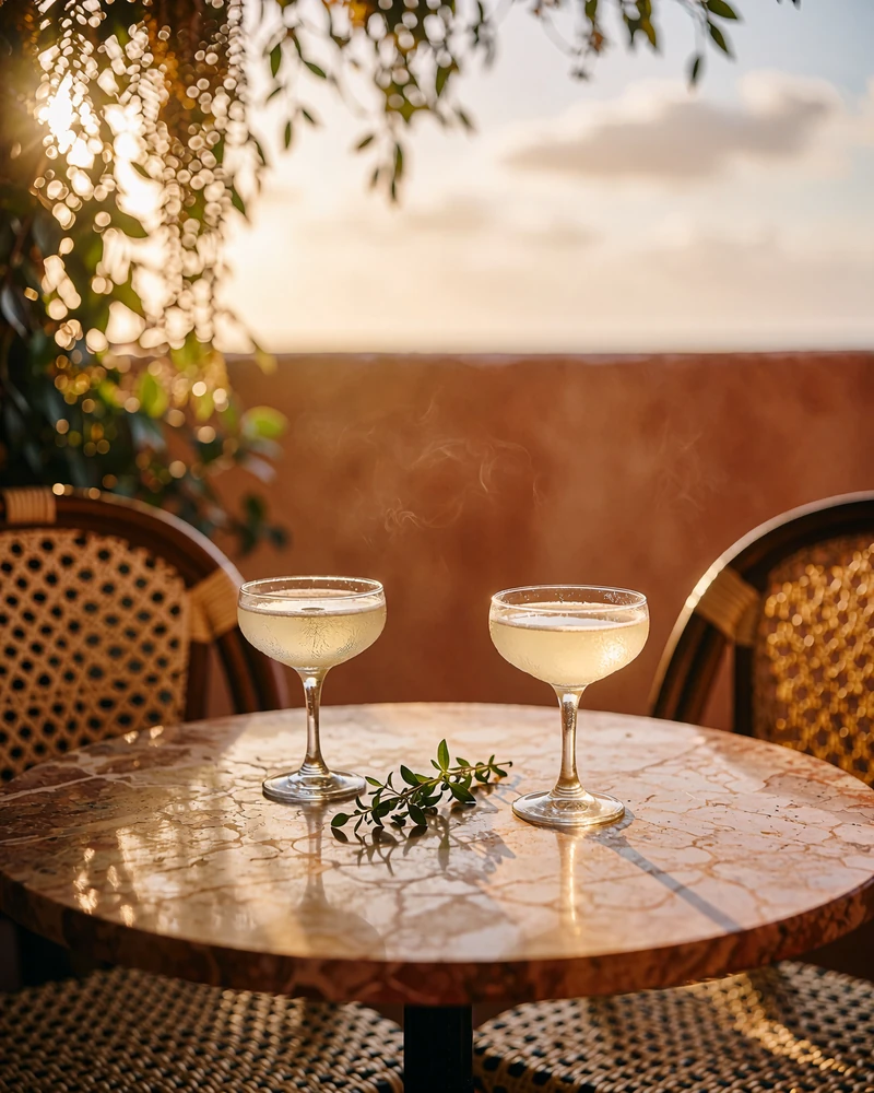 Two pale cocktail glasses and rattan chairs on a warm terrace table at golden hour