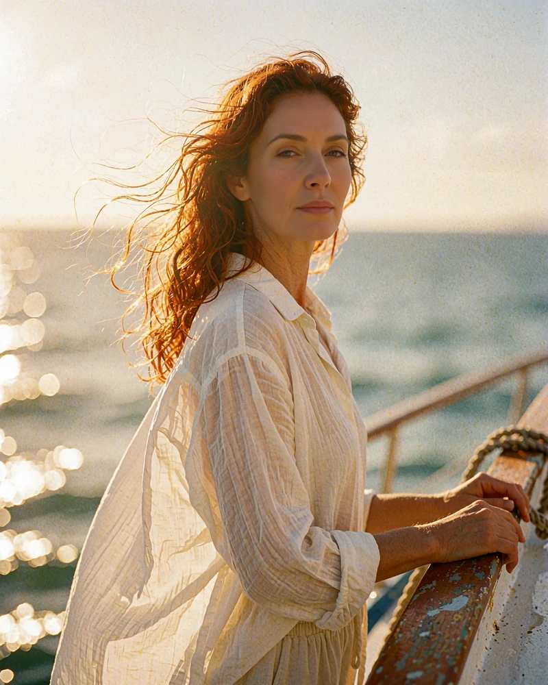 Woman in her early forties with wind-lifted hair resting a hand on a boat rail, demo cougar dating profile photo