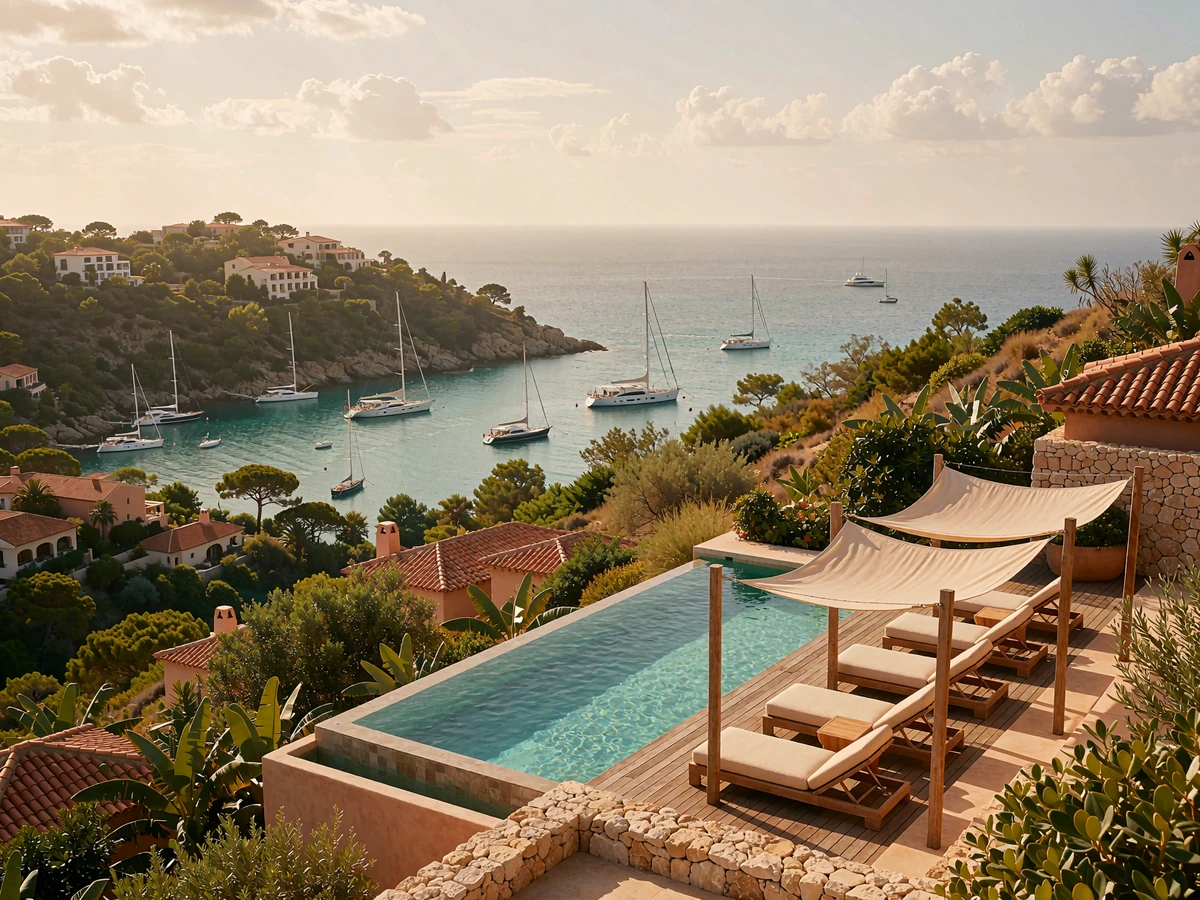 Hillside villa terrace with an infinity pool overlooking a St. Barths harbour dotted with white sailing yachts