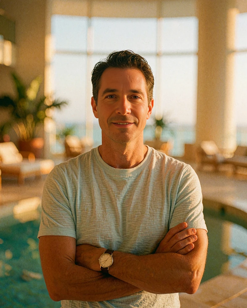 Refined man in his mid forties in a light blue shirt in a bright hospital atrium, demo member profile photo