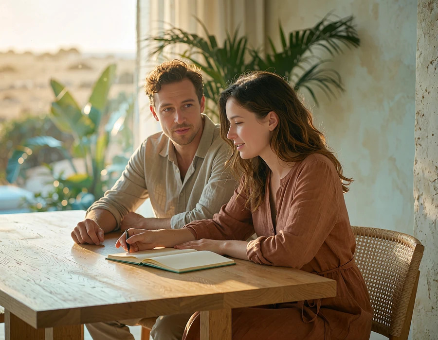 Couple at a light timber table in a bright villa interior planning a trip over an open notebook