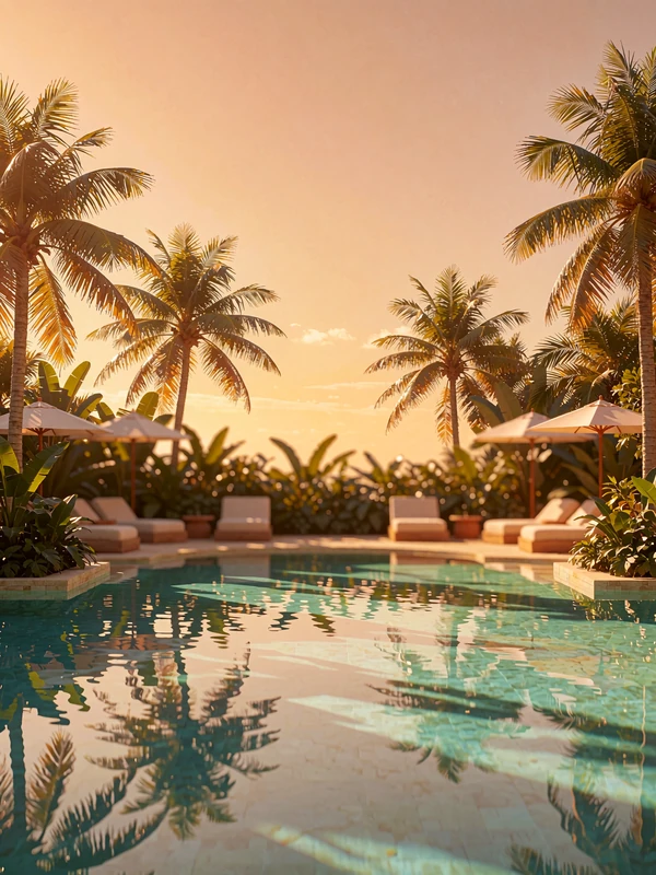 Luxury resort pool at golden hour with palm trees and calm turquoise water