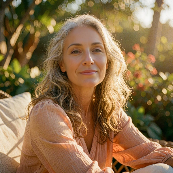 Graceful woman with silver-streaked hair seated in a sunlit garden, illustrative member portrait