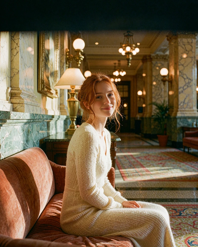 Woman with auburn hair pinned loosely in an ivory knit dress seated on a velvet bench in a historic hotel lobby, demo member profile photo