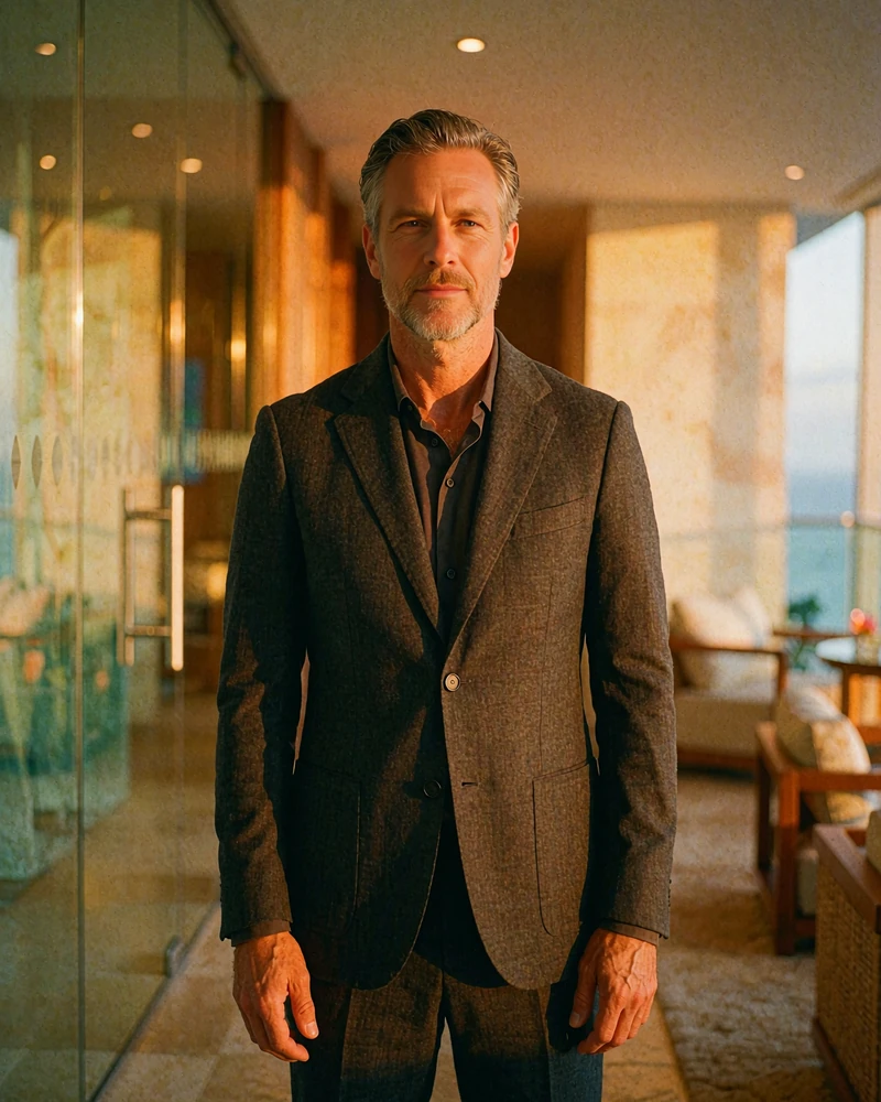 Distinguished man in his early fifties in a charcoal suit in a high-rise Houston office corridor, demo member profile photo
