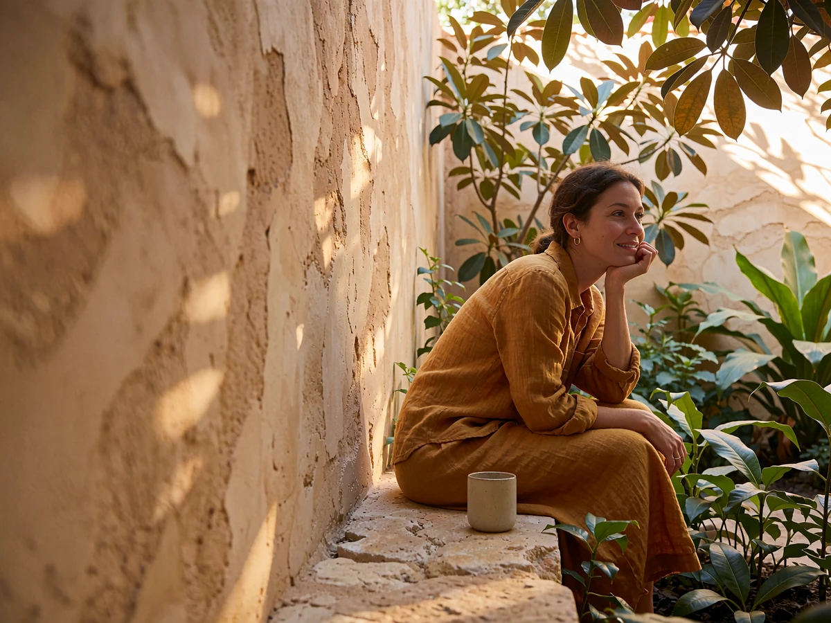 Woman in an ochre linen shirt sitting thoughtfully on a stone bench in a plant-filled courtyard at evening light
