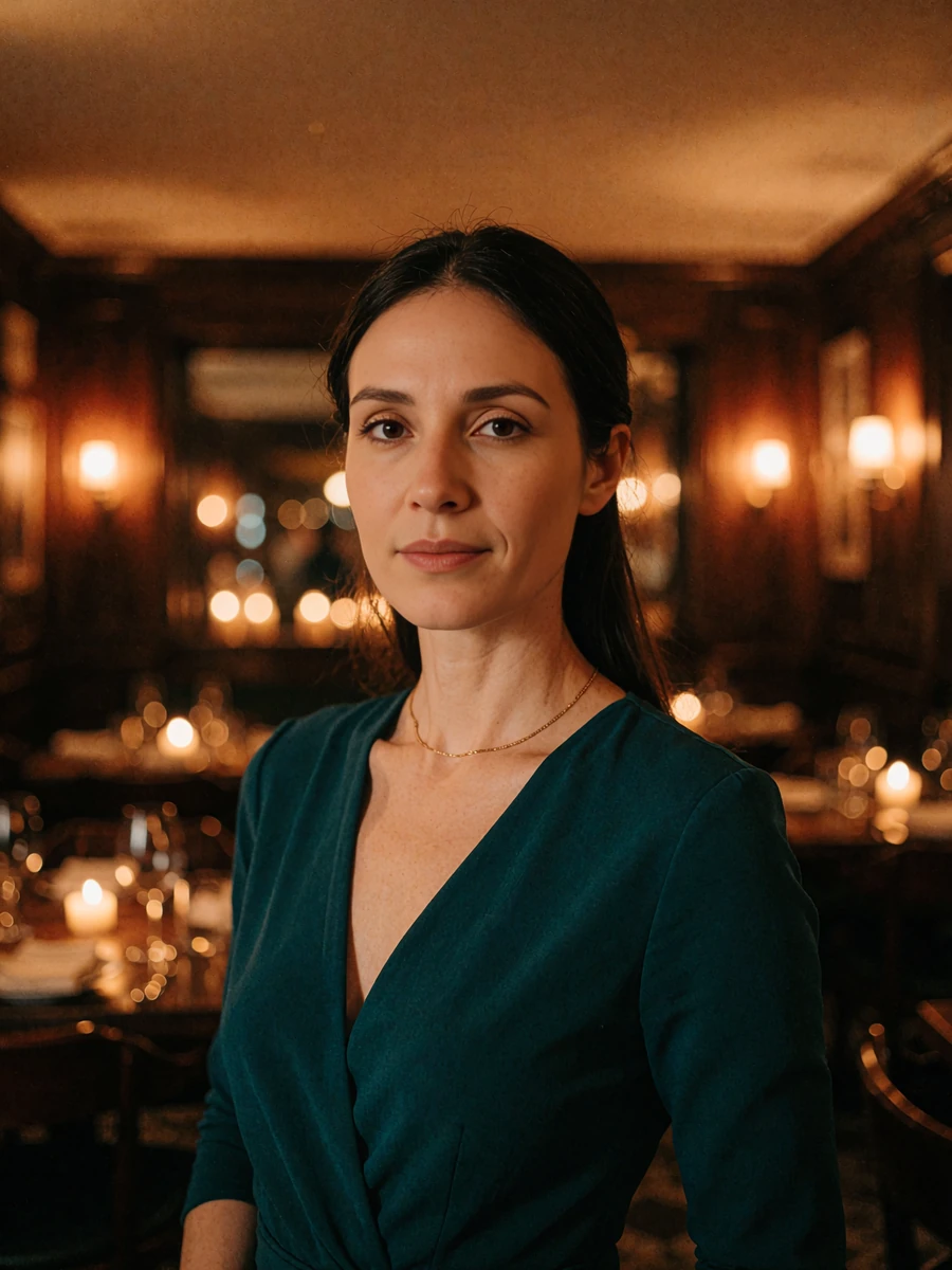 Elegant woman with sleek dark hair in a deep teal dress at a candlelit restaurant, demo member profile photo
