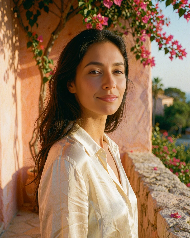 Dark-haired woman in a cream silk blouse on a sunlit stone terrace, demo sugar dating profile photo