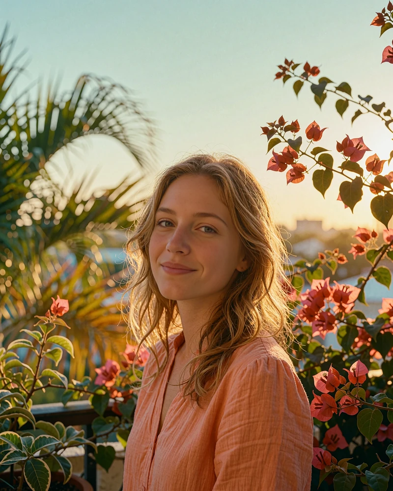 Woman with light brown wavy hair in a coral blouse on a plant-filled Tampa terrace, demo member profile photo