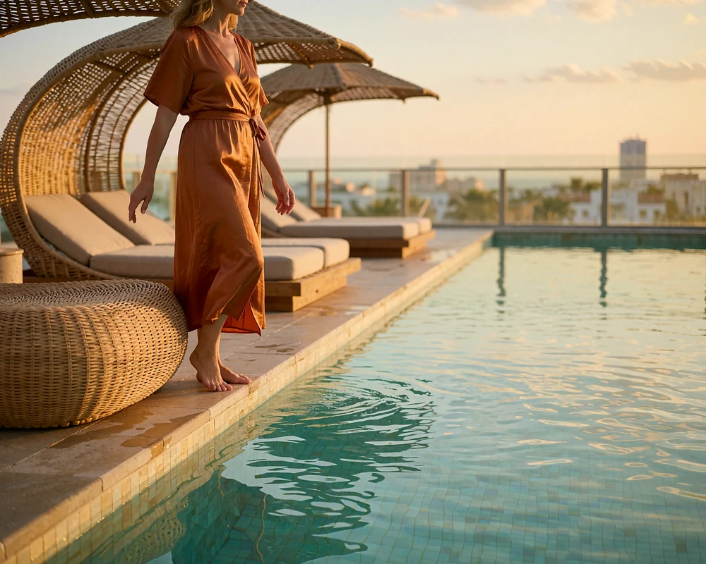 Woman in an amber wrap dress walking beside a rooftop pool at sunset with a hazy skyline behind