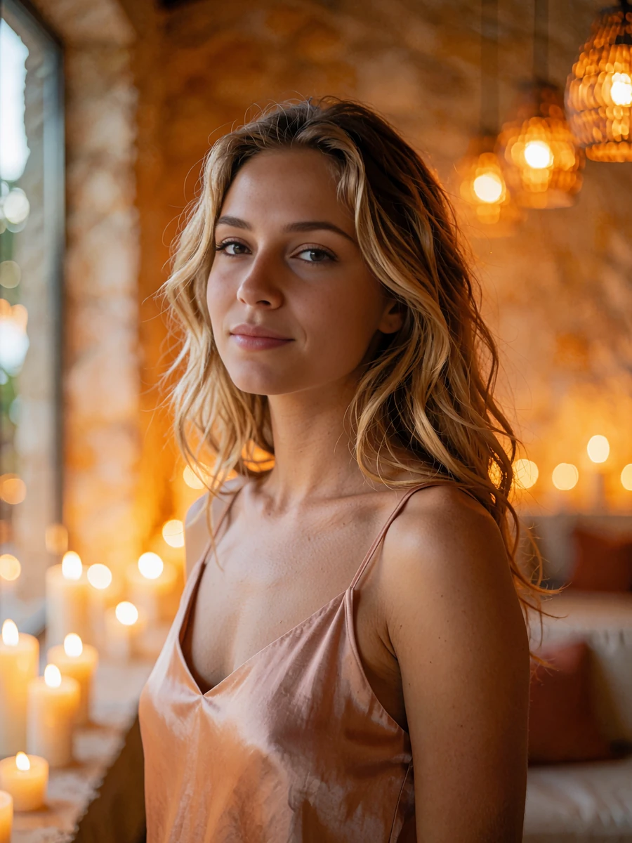 Honey-blonde woman in a blush satin camisole in a warmly lit resort lounge, demo Las Vegas member profile photo
