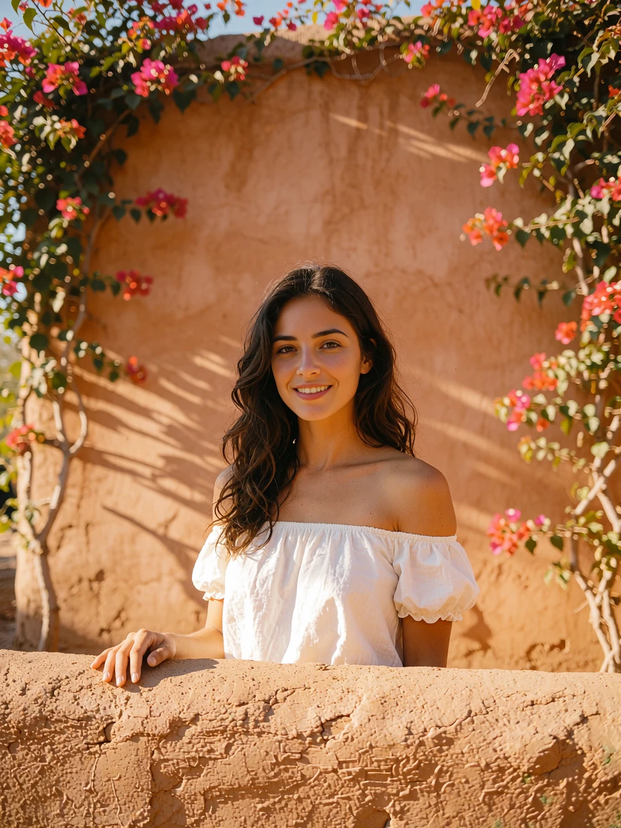 Young woman with long dark wavy hair smiling in a sunlit stucco courtyard, demo San Antonio member profile photo