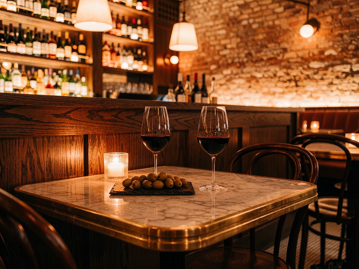 Marble-topped table for two with red wine and olives in a candlelit Chicago wine bar in the evening