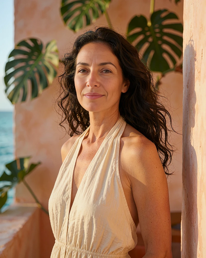 Elegant woman with long dark waves in a cream halter dress in a sunlit Miami design-district interior, demo Miami cougar profile photo