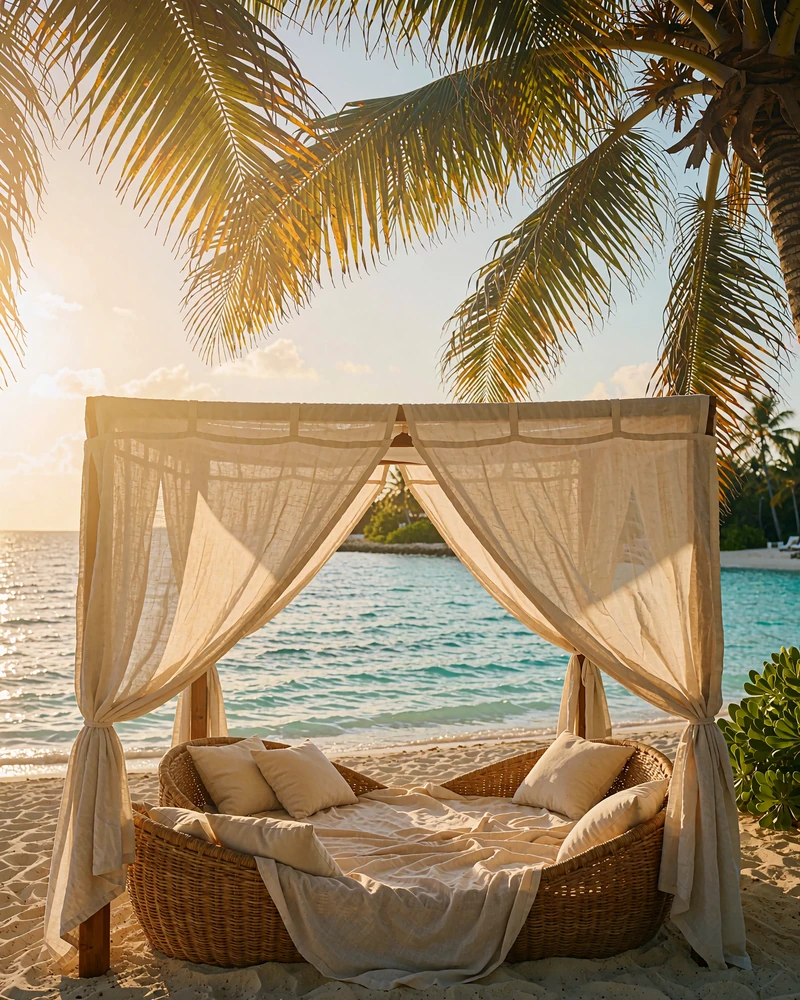Shaded beachfront cabana with linen drapes and rattan seating opening onto calm turquoise water