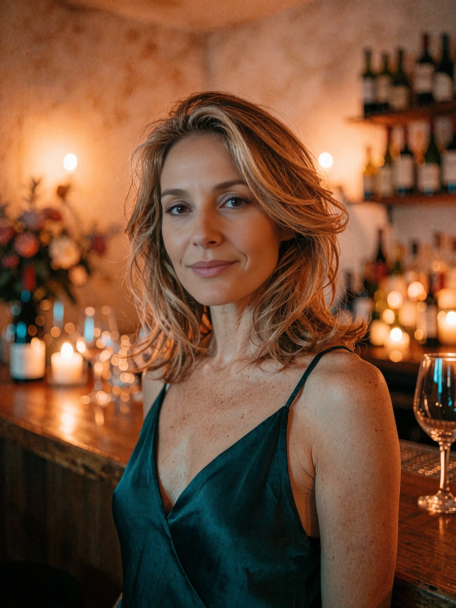 Woman with honey-toned layered hair in a deep teal silk dress in a candlelit wine bar, demo Denver member profile photo