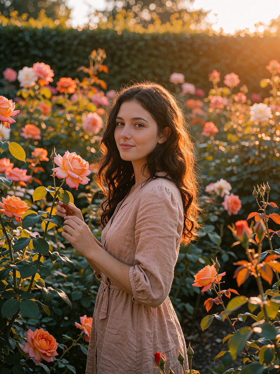 Woman with long wavy dark-brown hair in a blush linen dress standing in a rose garden at golden hour, demo member profile photo