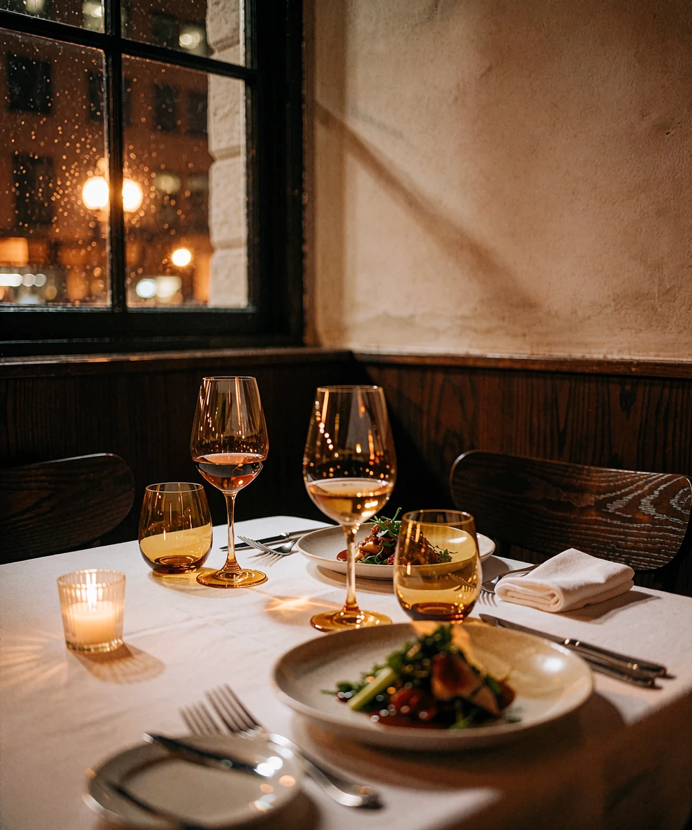 Private corner table for two set with linen and wine glasses in a refined Columbus restaurant at night