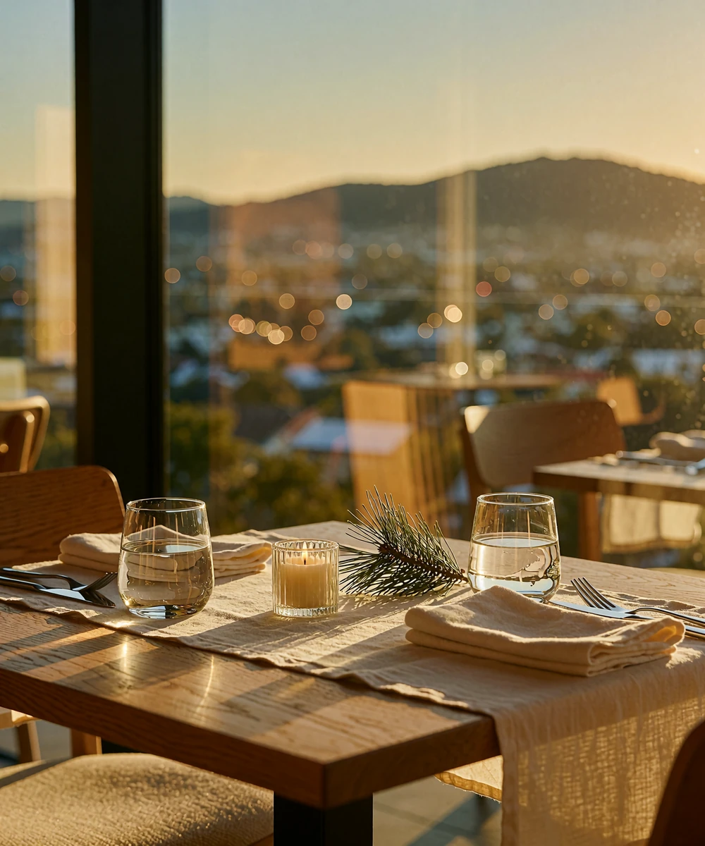 Table set for two by a window overlooking Denver city lights and a mountain silhouette at dusk
