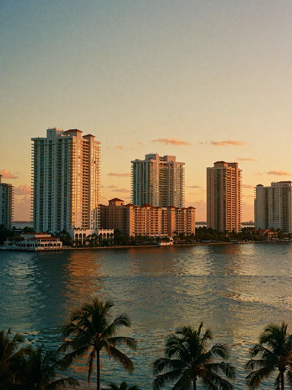 South Florida waterfront skyline glowing at blue hour with palm crowns silhouetted in the foreground