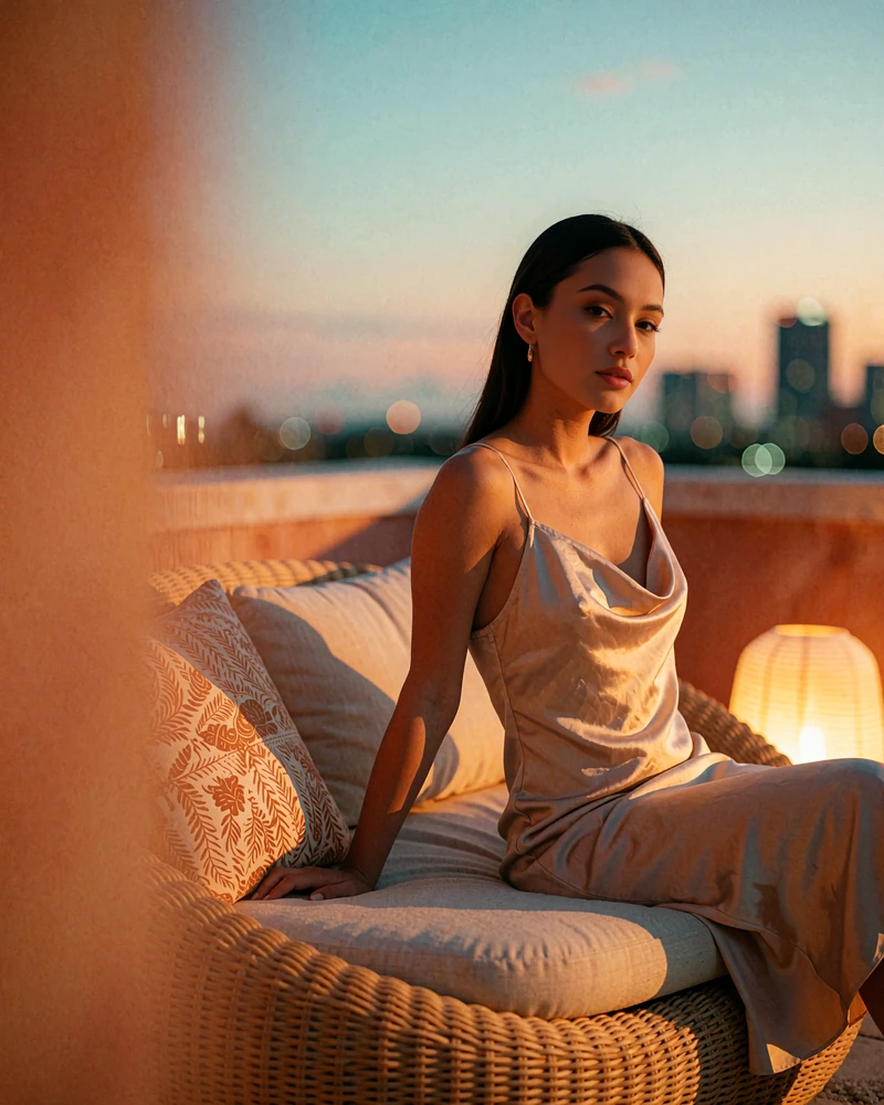 Woman with sleek dark hair in a champagne slip dress on a Tampa rooftop lounge sofa, demo member profile photo