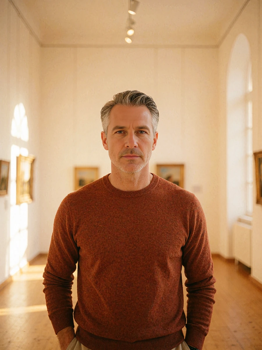 Well-groomed man in a rust knit sweater standing in a bright gallery interior, demo member profile photo