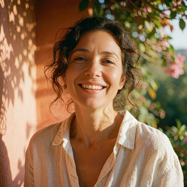 Laughing woman with loose dark waves on a shaded veranda, illustrative cougar dating member portrait