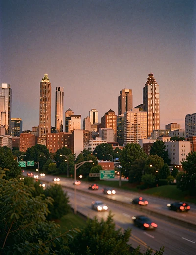 Atlanta skyline at dusk with glass towers catching low amber sun above a dense tree canopy
