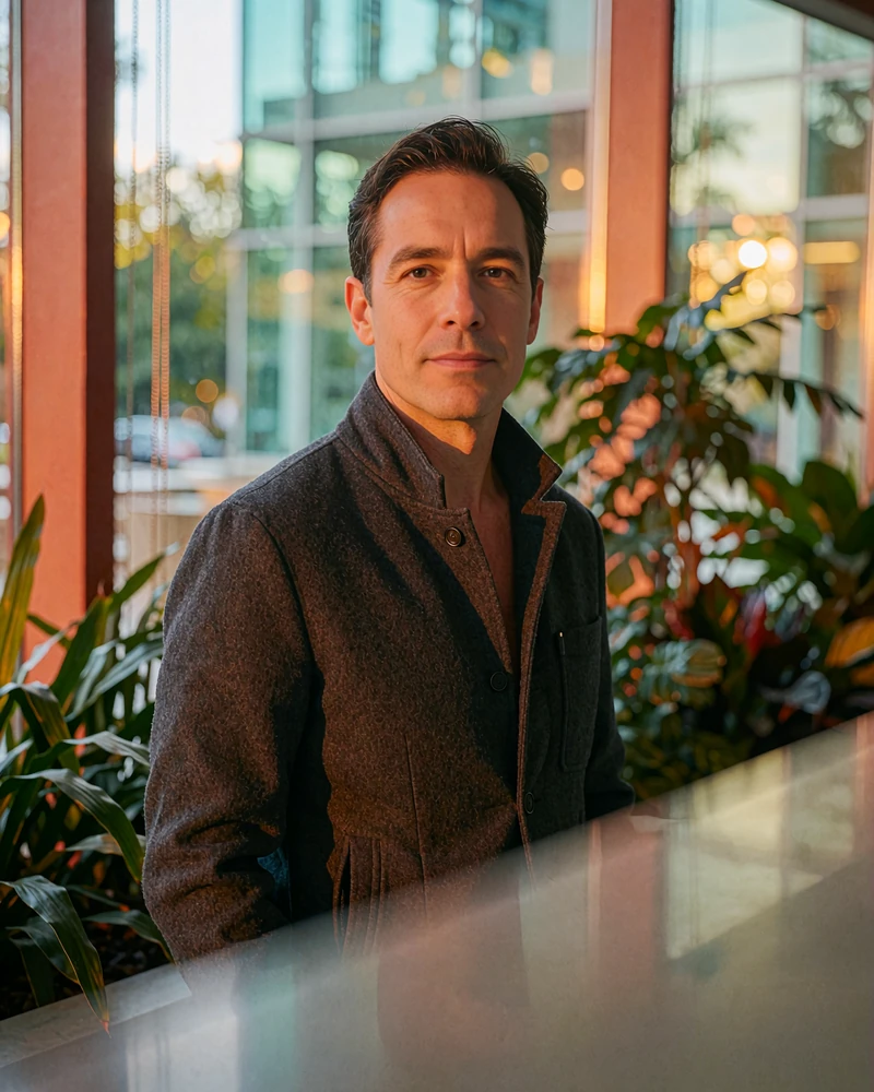 Man in his late thirties in a charcoal jacket standing in a modern atrium, demo Orlando member profile photo