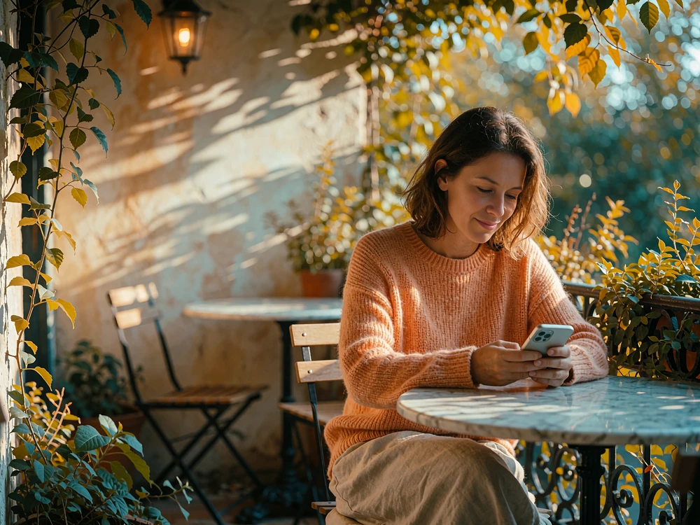 Woman composing a message on her phone at a shaded café terrace table