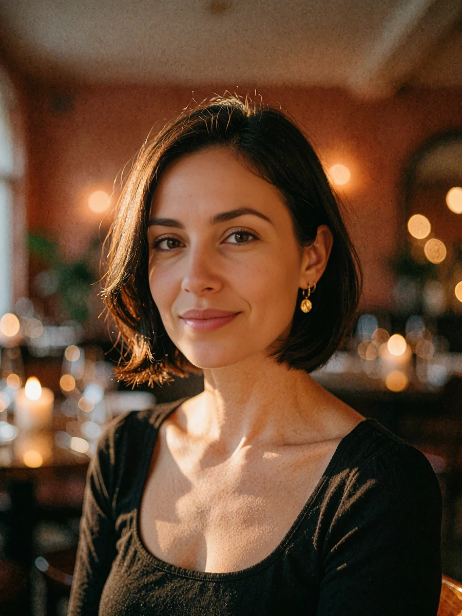 Woman with a sleek dark bob at a candlelit restaurant table, demo Columbus member profile photo