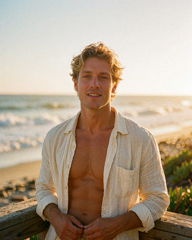 Fit young man with sun-bleached hair on a wooden deck near the shore, demo toy boy profile photo
