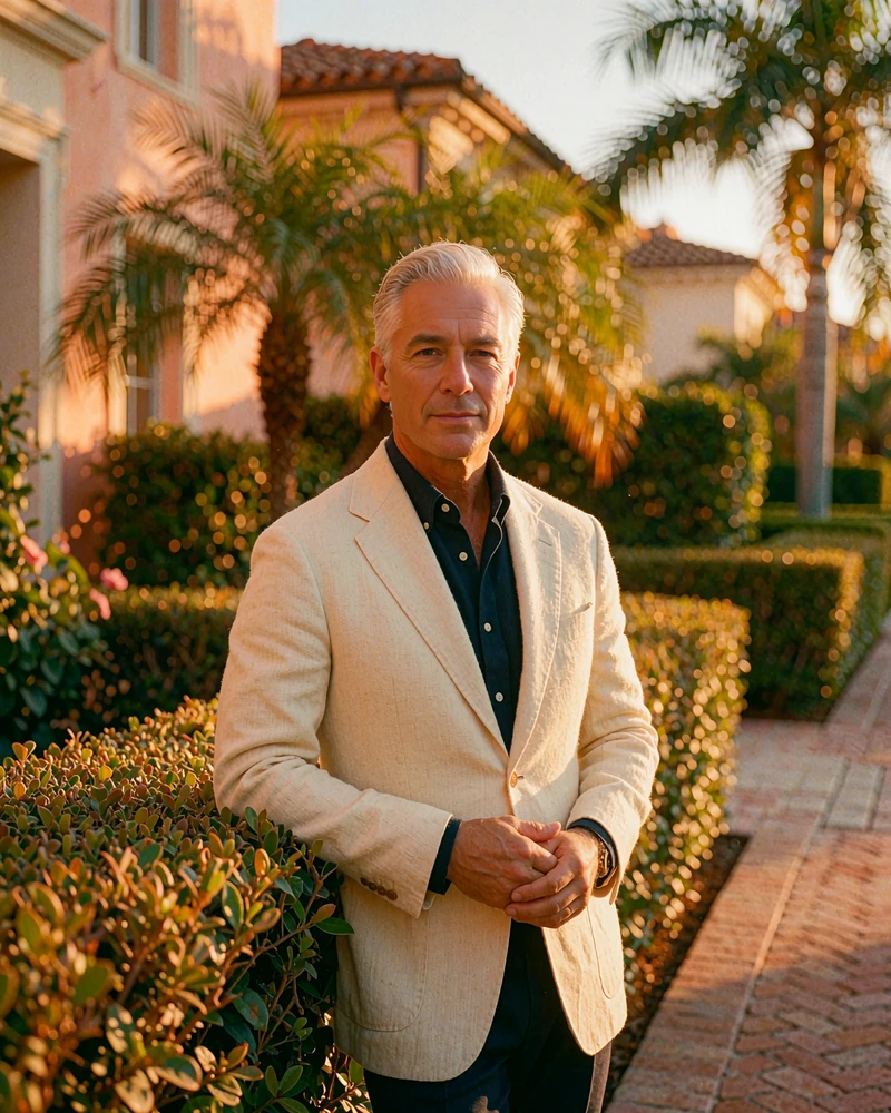 Distinguished man in his early fifties in a cream sport coat near a hedge in Beverly Hills, demo member profile photo