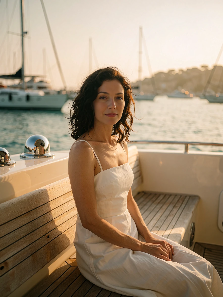 Graceful woman in a white tailored sundress seated on the teak deck of a private yacht in San Diego harbour, demo member profile photo