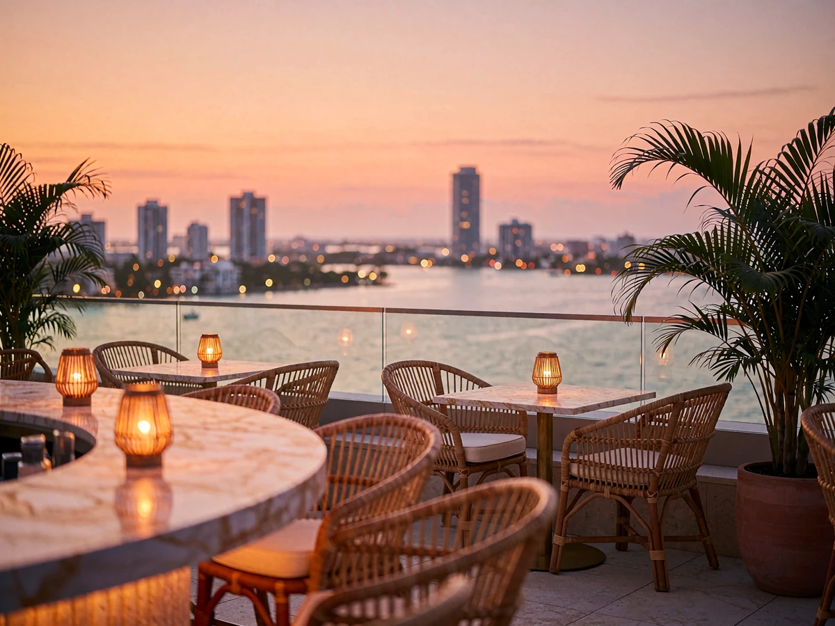 Empty rooftop bar terrace in Miami at sunset with rattan seating, marble counter and palms overlooking glowing bay water