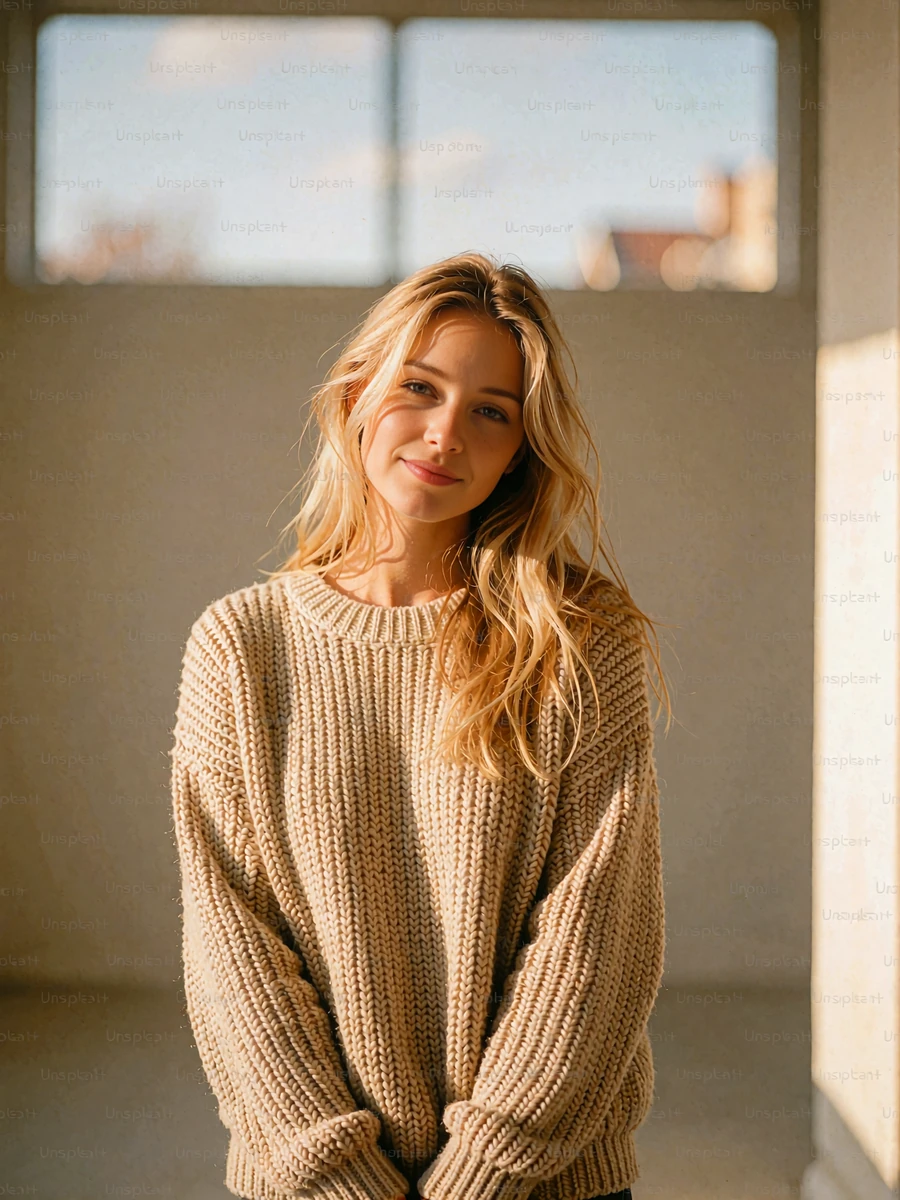 Ash-blonde woman in an oatmeal knit sweater by a daylight window, demo Denver member profile photo