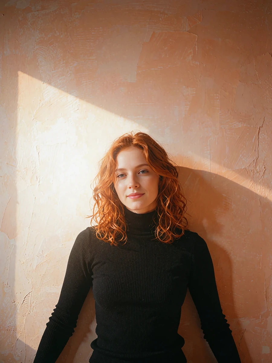 Copper-haired woman in a black turtleneck against a plaster wall, demo Denver member profile photo