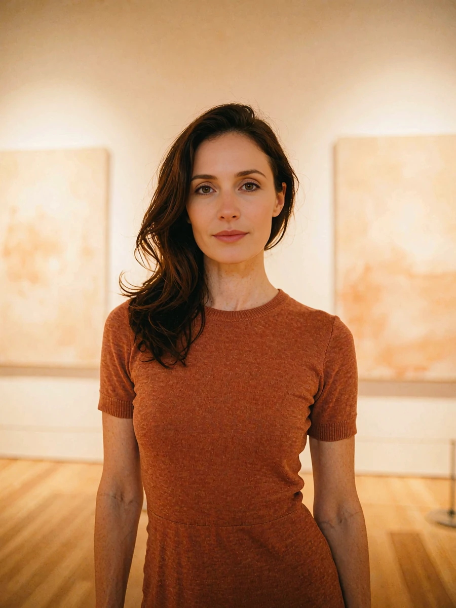 Chestnut-haired woman in a rust-toned knit dress standing in a bright contemporary gallery, demo member profile photo