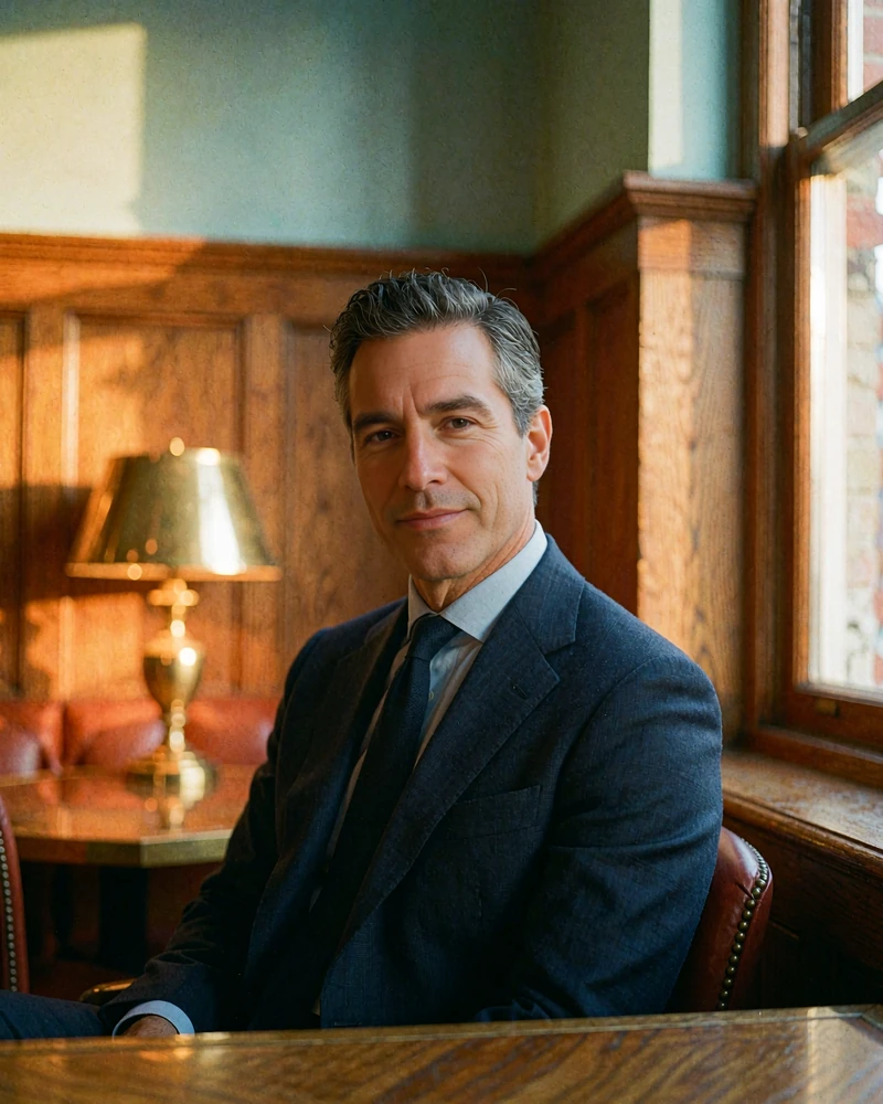 Distinguished man in a navy suit seated at a quiet corner table in an upscale Boston club room, demo member profile photo