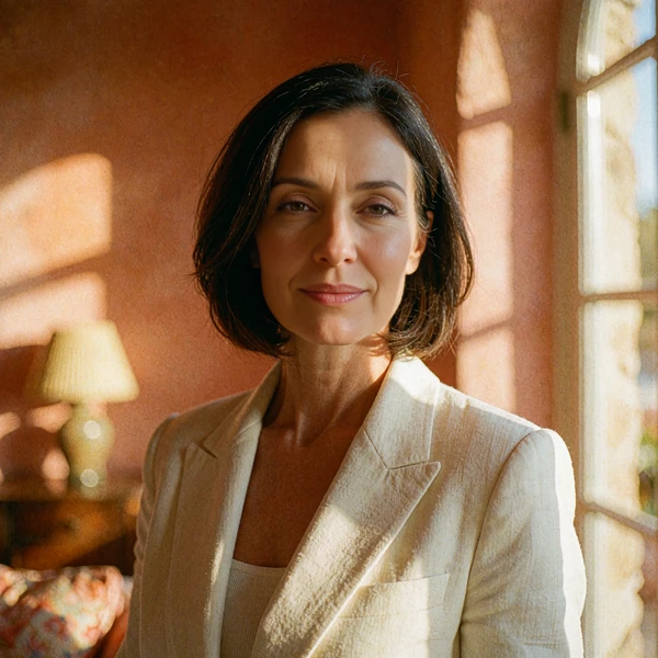 Elegant woman in a cream blazer near a sunlit window, illustrative sugar mama member portrait