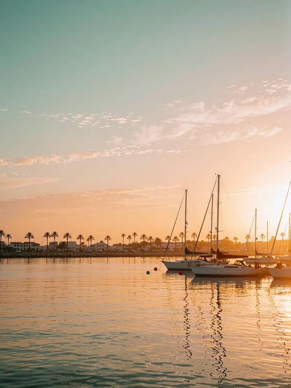 San Diego harbour at golden hour with moored sailing yachts and palm trees along the shoreline