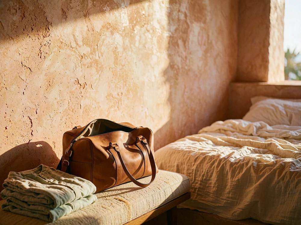 Open leather weekend bag and folded linen beside sunlit hotel bedding