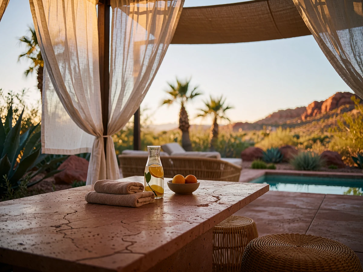 Private desert spa cabana at a Phoenix resort with draped white linen, a low stone table and a plunge pool beyond