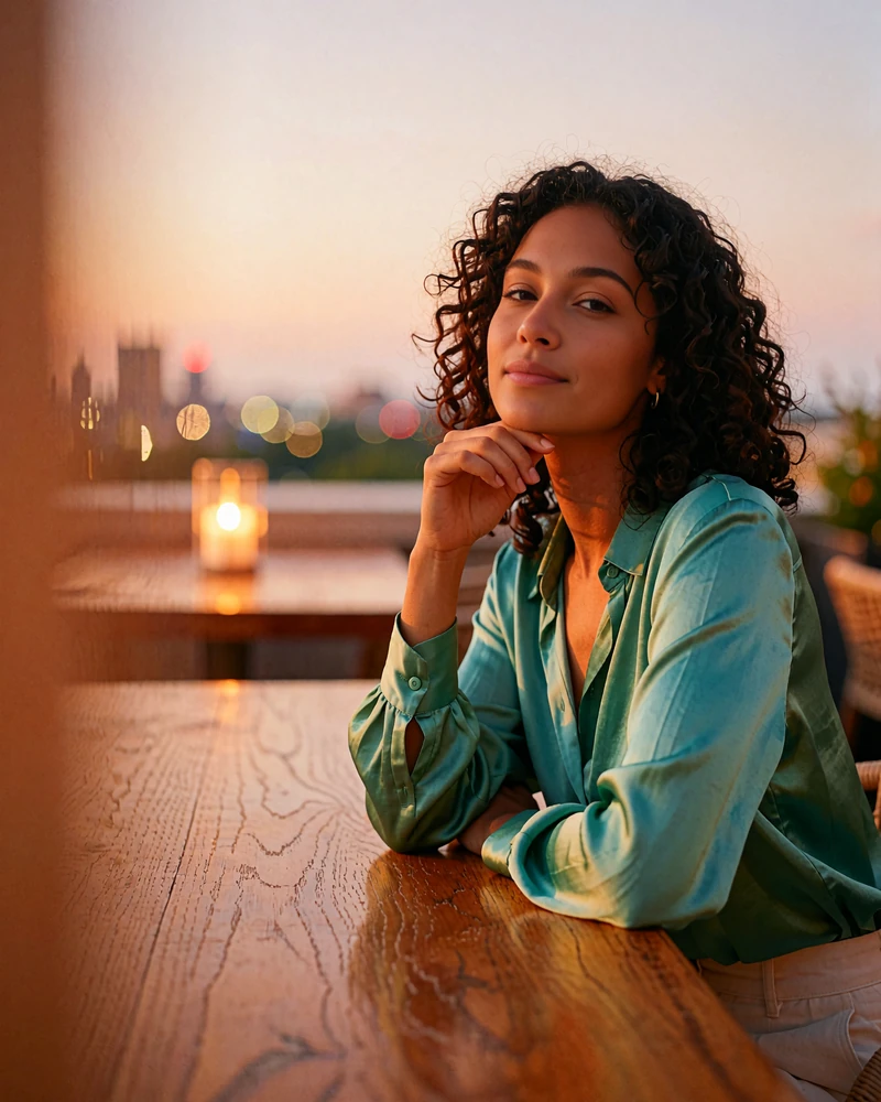 Woman with dark curly hair in an emerald silk blouse seated at a rooftop lounge table at dusk, demo member profile photo