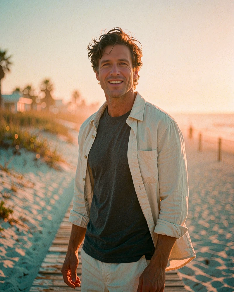 Fit man in his late thirties on a Venice Beach boardwalk at golden hour, demo Los Angeles member profile photo