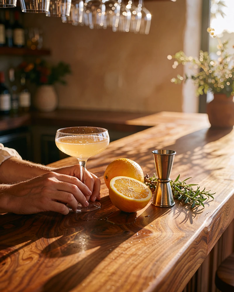 Close-up of hands arranging fresh citrus and a coupe glass on a warm walnut bar top at golden hour